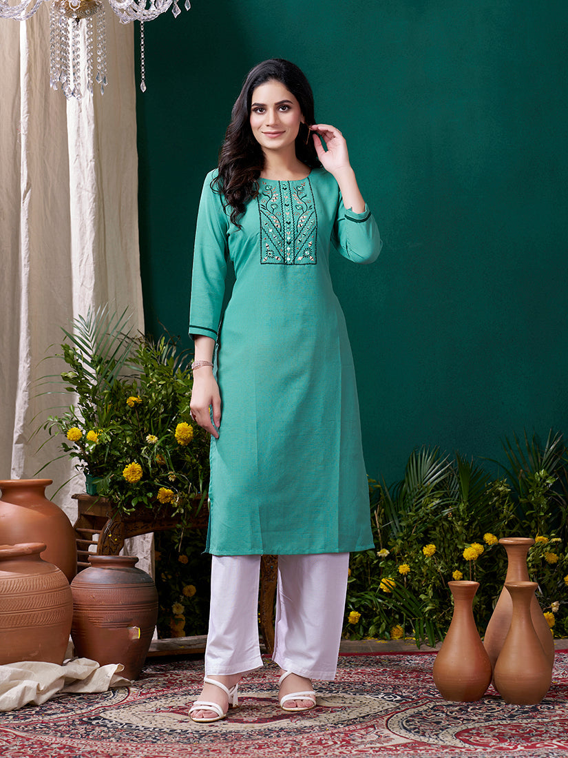 Monjolika Fashion Sky Blue Maaza Cotton Hand Work With Pocket Casual Kurti - Distacart