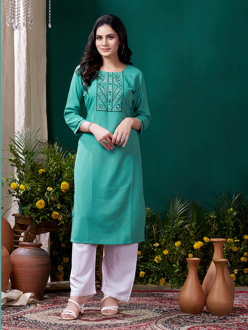 Monjolika Fashion Sky Blue Maaza Cotton Hand Work With Pocket Casual Kurti - Distacart