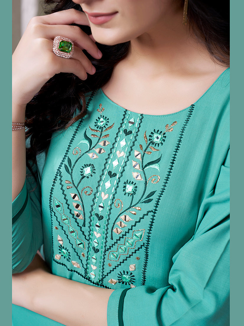 Monjolika Fashion Sky Blue Maaza Cotton Hand Work With Pocket Casual Kurti - Distacart