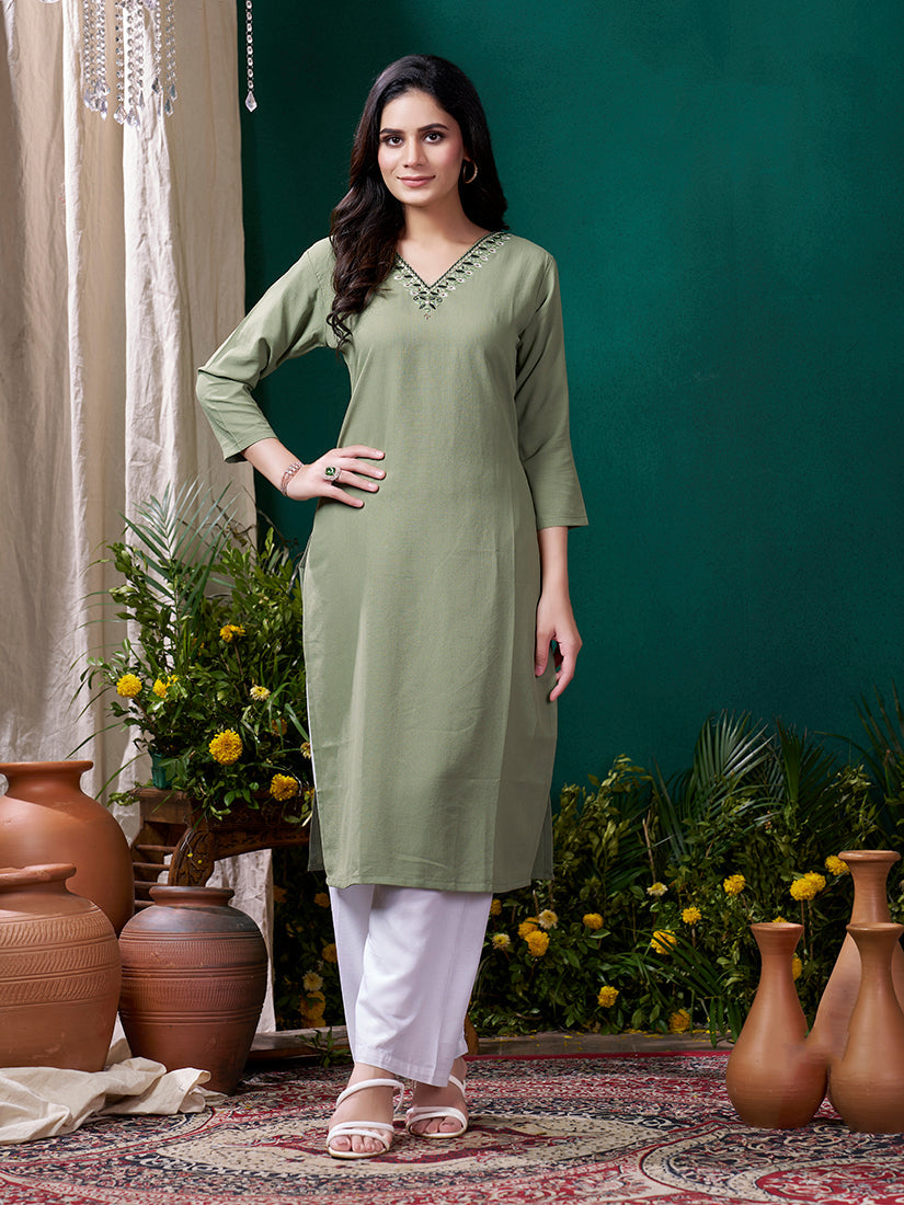 Monjolika Fashion Sage Green Maaza Cotton Hand Work With Pocket Casual Kurti - Distacart