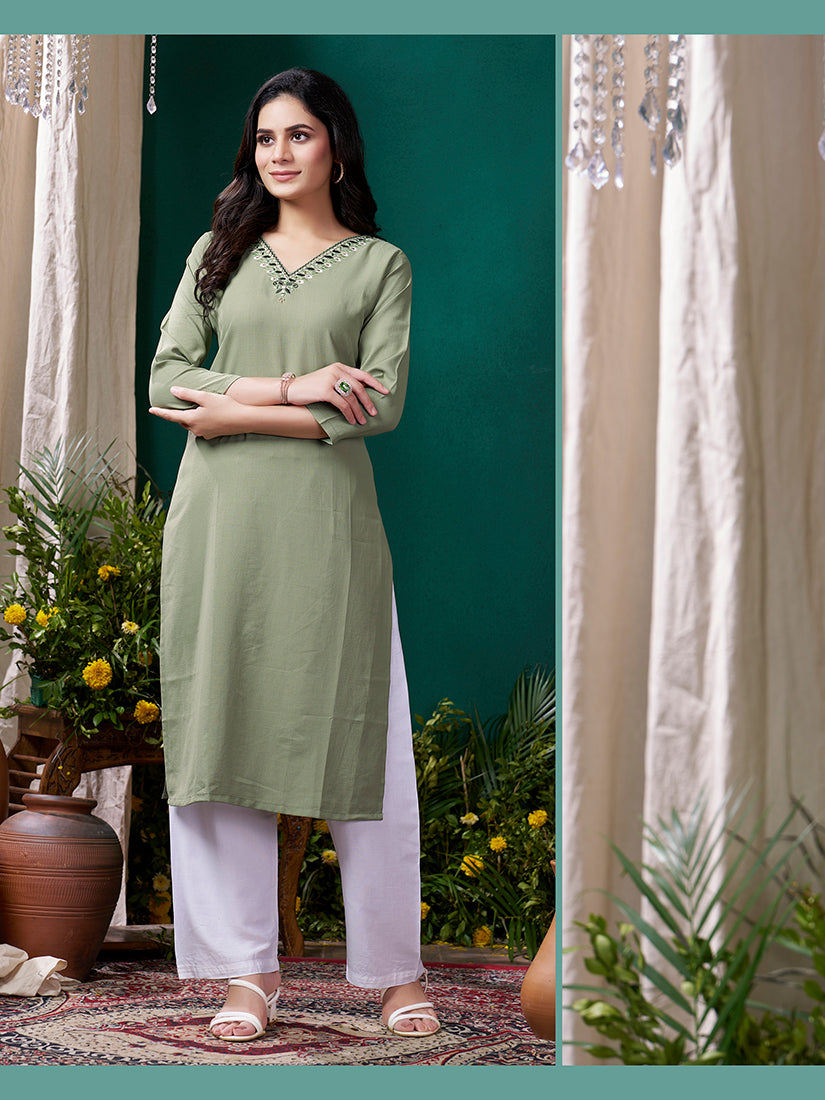 Monjolika Fashion Sage Green Maaza Cotton Hand Work With Pocket Casual Kurti - Distacart
