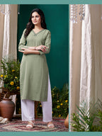Monjolika Fashion Sage Green Maaza Cotton Hand Work With Pocket Casual Kurti - Distacart