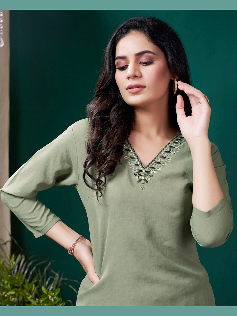 Monjolika Fashion Sage Green Maaza Cotton Hand Work With Pocket Casual Kurti - Distacart