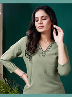 Monjolika Fashion Sage Green Maaza Cotton Hand Work With Pocket Casual Kurti - Distacart