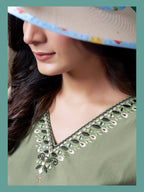 Monjolika Fashion Sage Green Maaza Cotton Hand Work With Pocket Casual Kurti - Distacart
