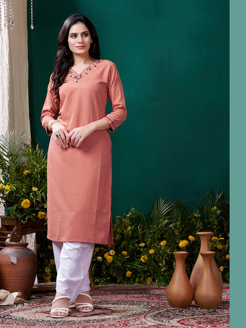 Monjolika Fashion Peach Maaza Cotton Hand Work With Pocket Casual Kurti - Distacart