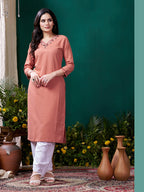 Monjolika Fashion Peach Maaza Cotton Hand Work With Pocket Casual Kurti - Distacart
