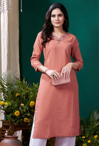 Monjolika Fashion Peach Maaza Cotton Hand Work With Pocket Casual Kurti - Distacart