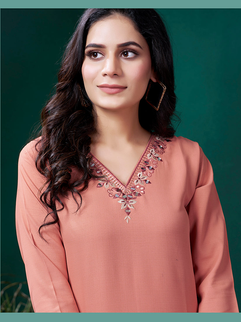 Monjolika Fashion Peach Maaza Cotton Hand Work With Pocket Casual Kurti - Distacart