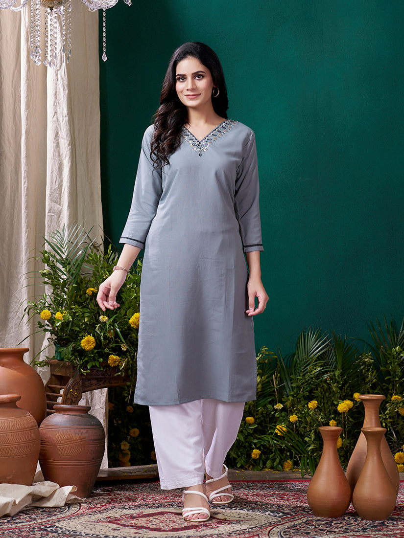 Monjolika Fashion Grey Maaza Cotton Hand Work With Pocket Casual Kurti - Distacart
