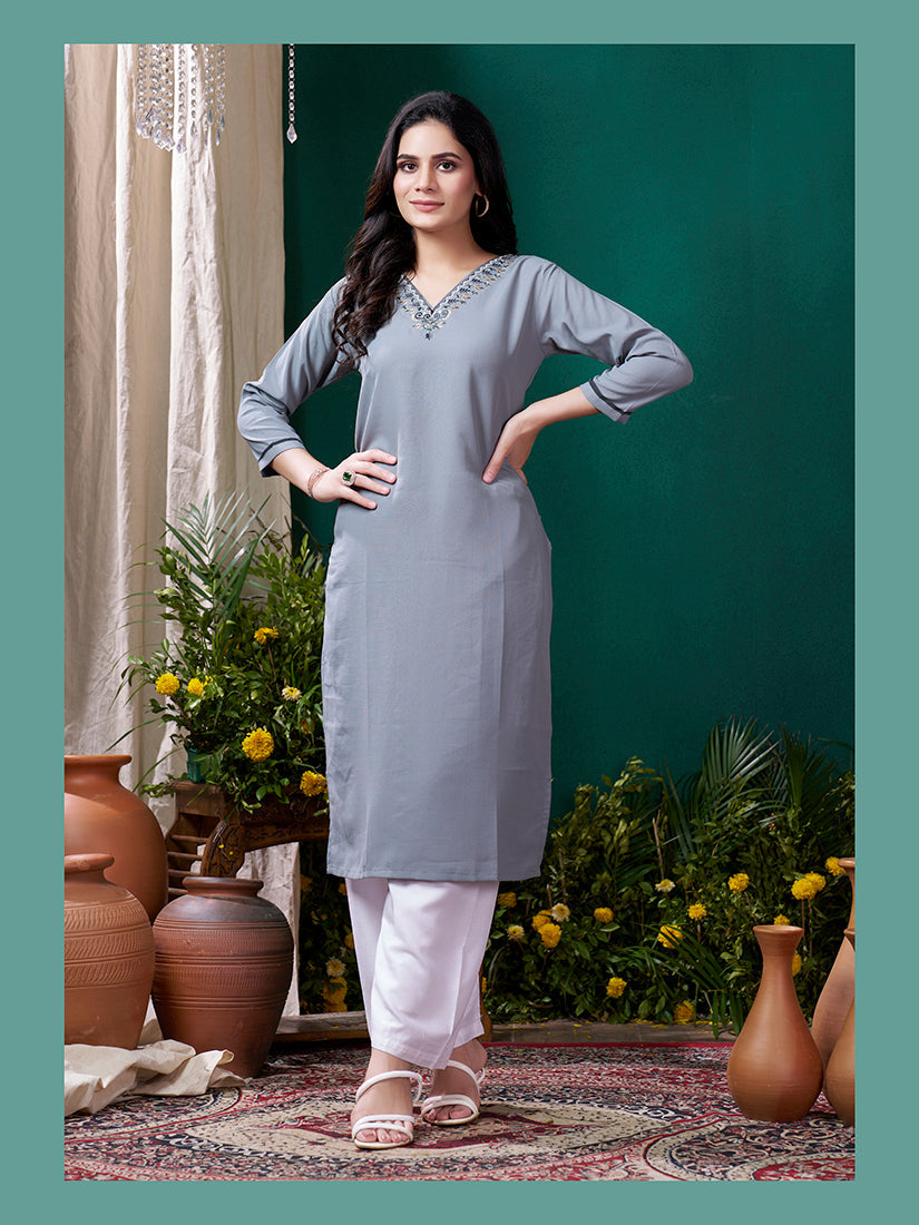 Monjolika Fashion Grey Maaza Cotton Hand Work With Pocket Casual Kurti - Distacart