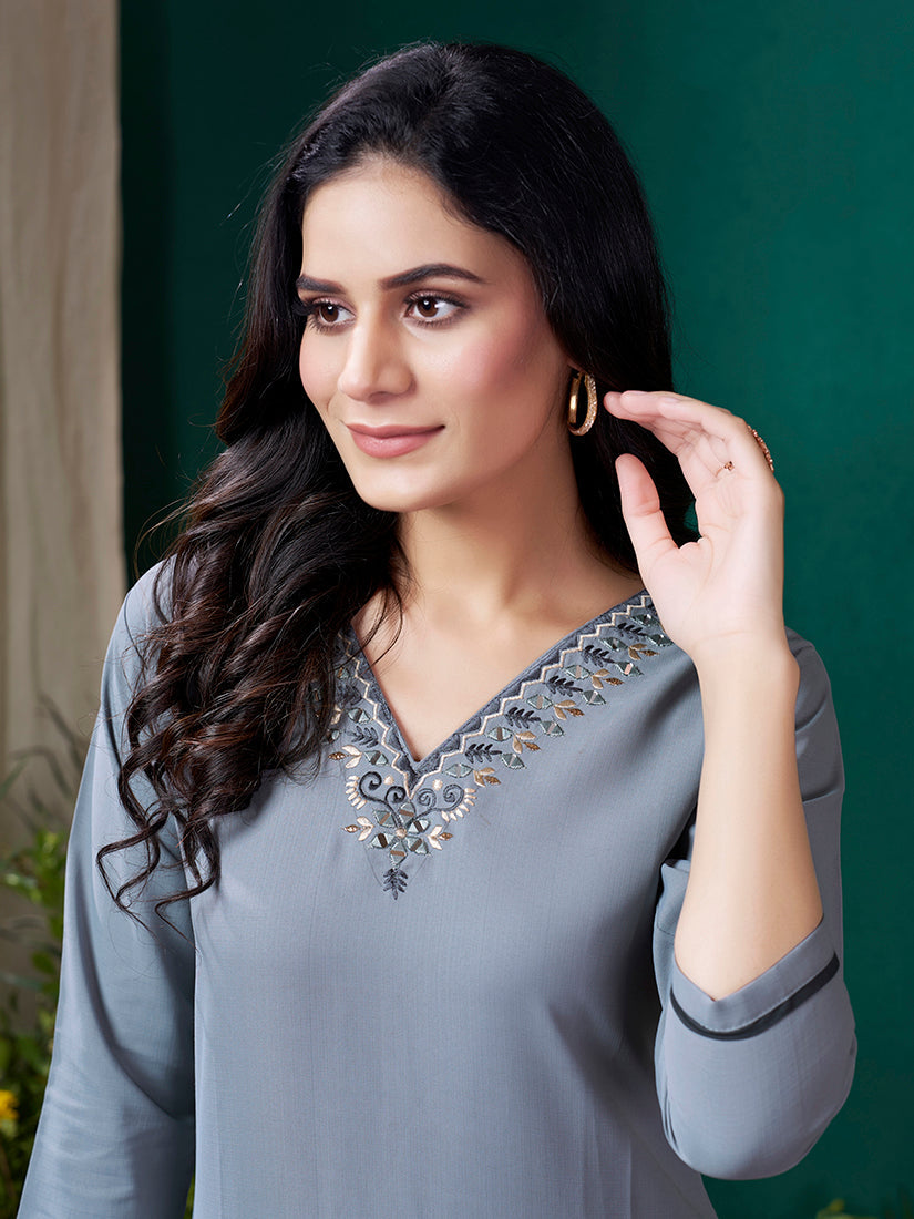 Monjolika Fashion Grey Maaza Cotton Hand Work With Pocket Casual Kurti - Distacart