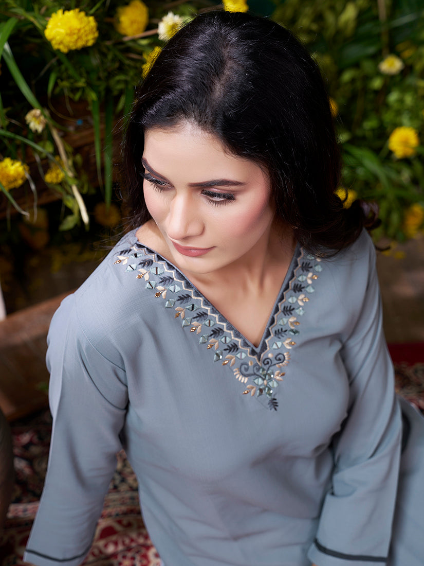 Monjolika Fashion Grey Maaza Cotton Hand Work With Pocket Casual Kurti - Distacart