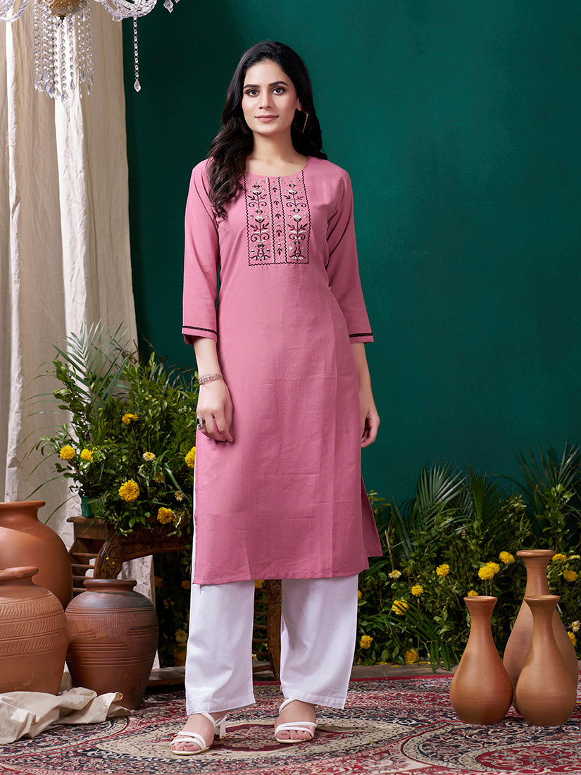 Monjolika Fashion Light Pink Maaza Cotton Hand Work With Pocket Casual Kurti - Distacart