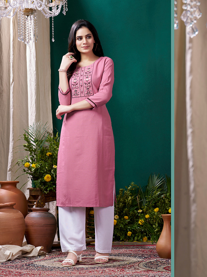 Monjolika Fashion Light Pink Maaza Cotton Hand Work With Pocket Casual Kurti - Distacart