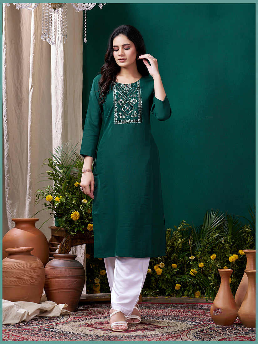 Monjolika Fashion Dark Green Maaza Cotton Hand Work With Pocket Casual Kurti - Distacart