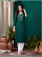 Monjolika Fashion Dark Green Maaza Cotton Hand Work With Pocket Casual Kurti - Distacart