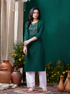 Monjolika Fashion Dark Green Maaza Cotton Hand Work With Pocket Casual Kurti - Distacart