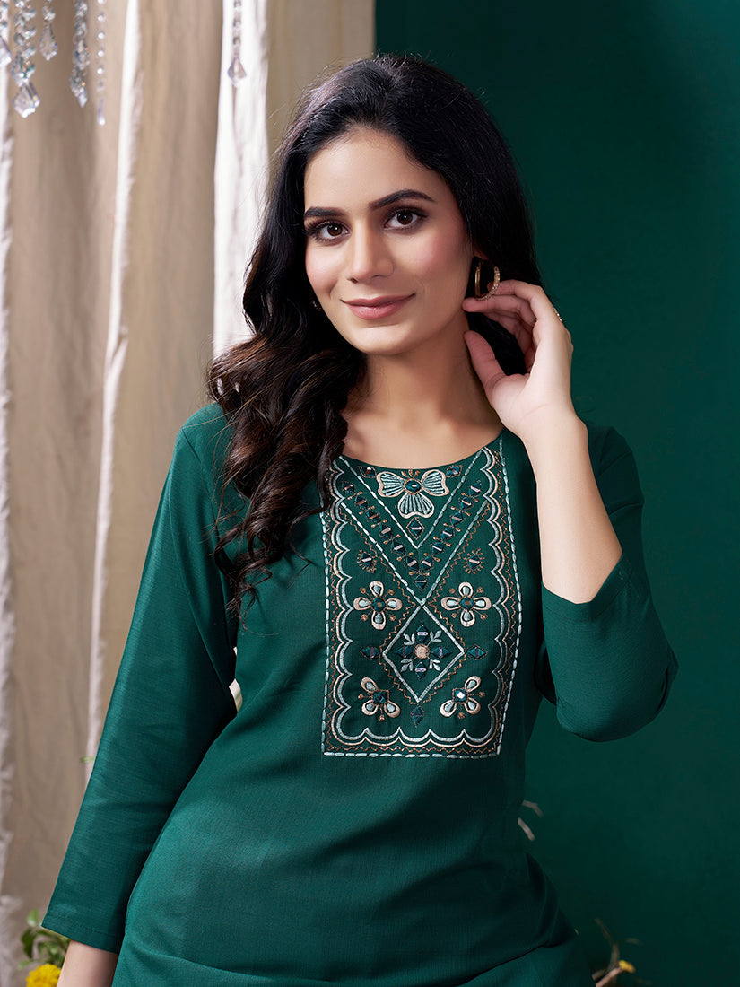 Monjolika Fashion Dark Green Maaza Cotton Hand Work With Pocket Casual Kurti - Distacart