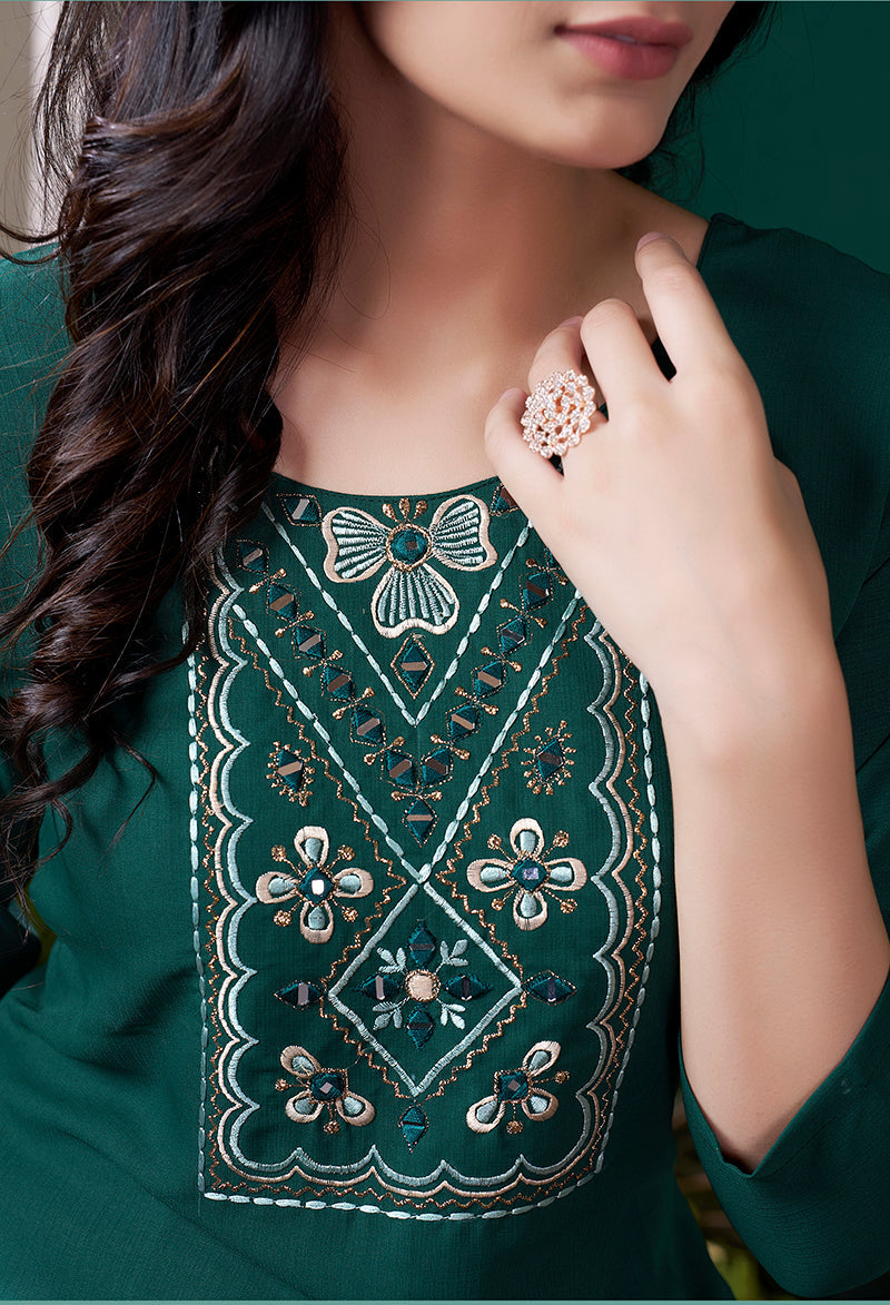 Monjolika Fashion Dark Green Maaza Cotton Hand Work With Pocket Casual Kurti - Distacart