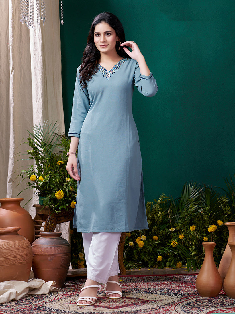 Monjolika Fashion Light Blue Maaza Cotton Hand Work With Pocket Casual Kurti - Distacart