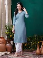 Monjolika Fashion Light Blue Maaza Cotton Hand Work With Pocket Casual Kurti - Distacart