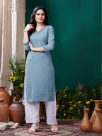 Monjolika Fashion Light Blue Maaza Cotton Hand Work With Pocket Casual Kurti - Distacart