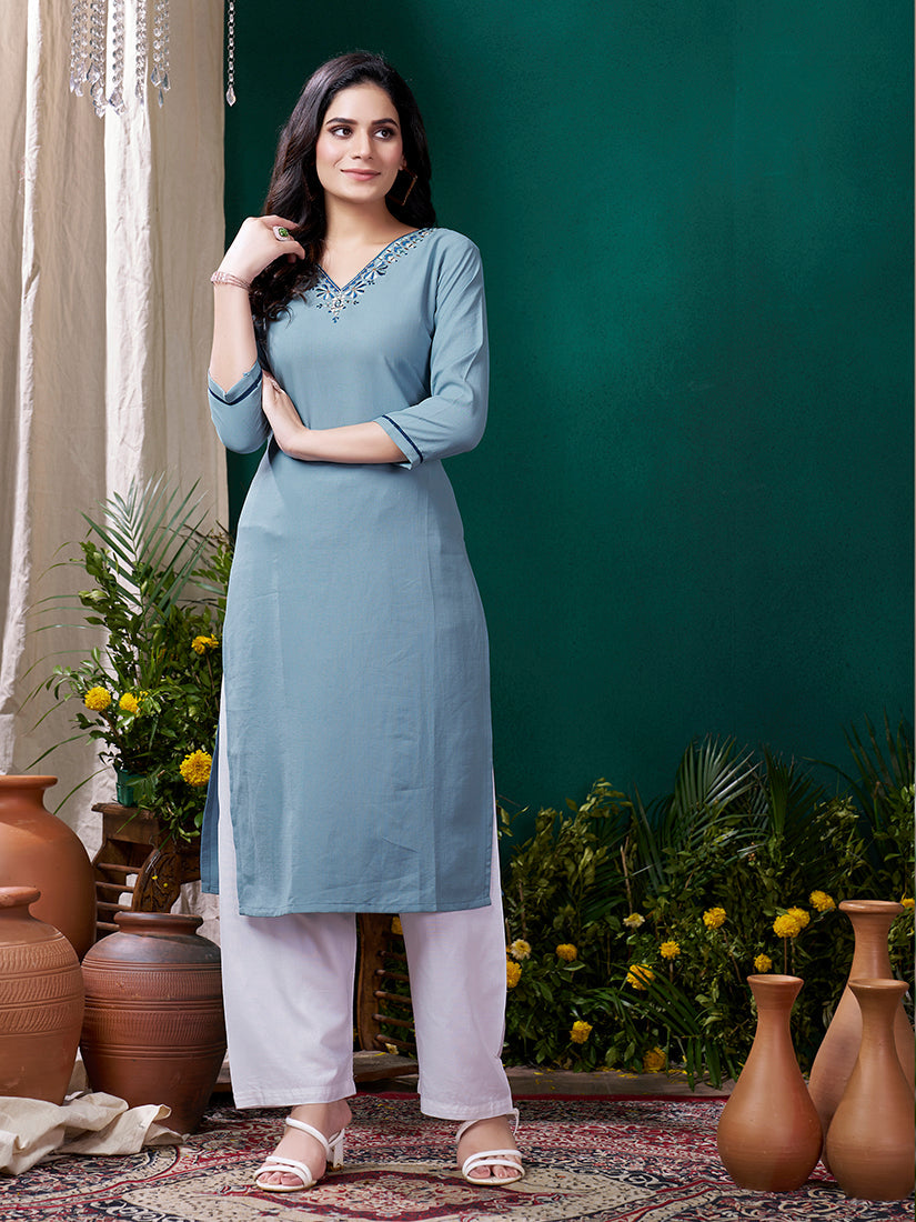 Monjolika Fashion Light Blue Maaza Cotton Hand Work With Pocket Casual Kurti - Distacart