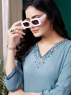 Monjolika Fashion Light Blue Maaza Cotton Hand Work With Pocket Casual Kurti - Distacart
