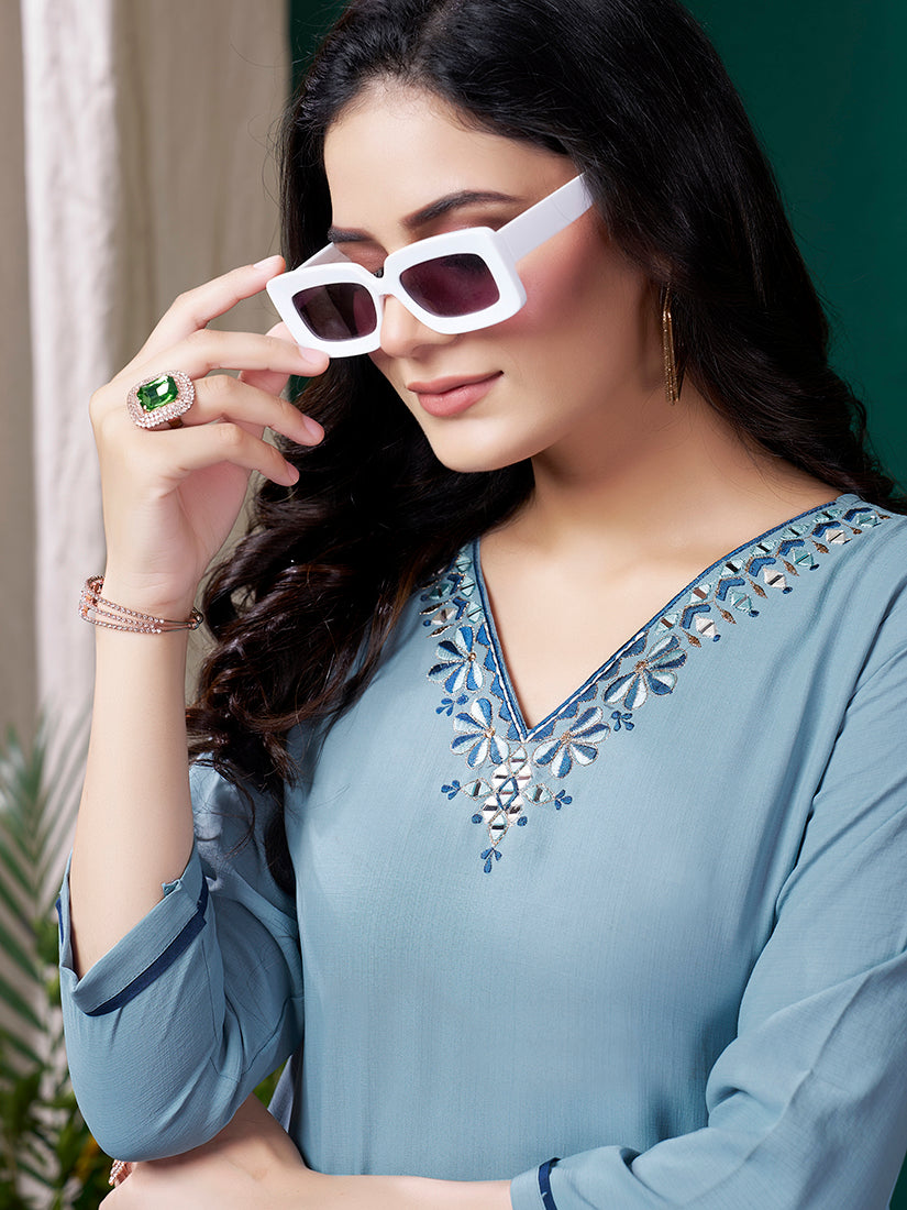 Monjolika Fashion Light Blue Maaza Cotton Hand Work With Pocket Casual Kurti - Distacart