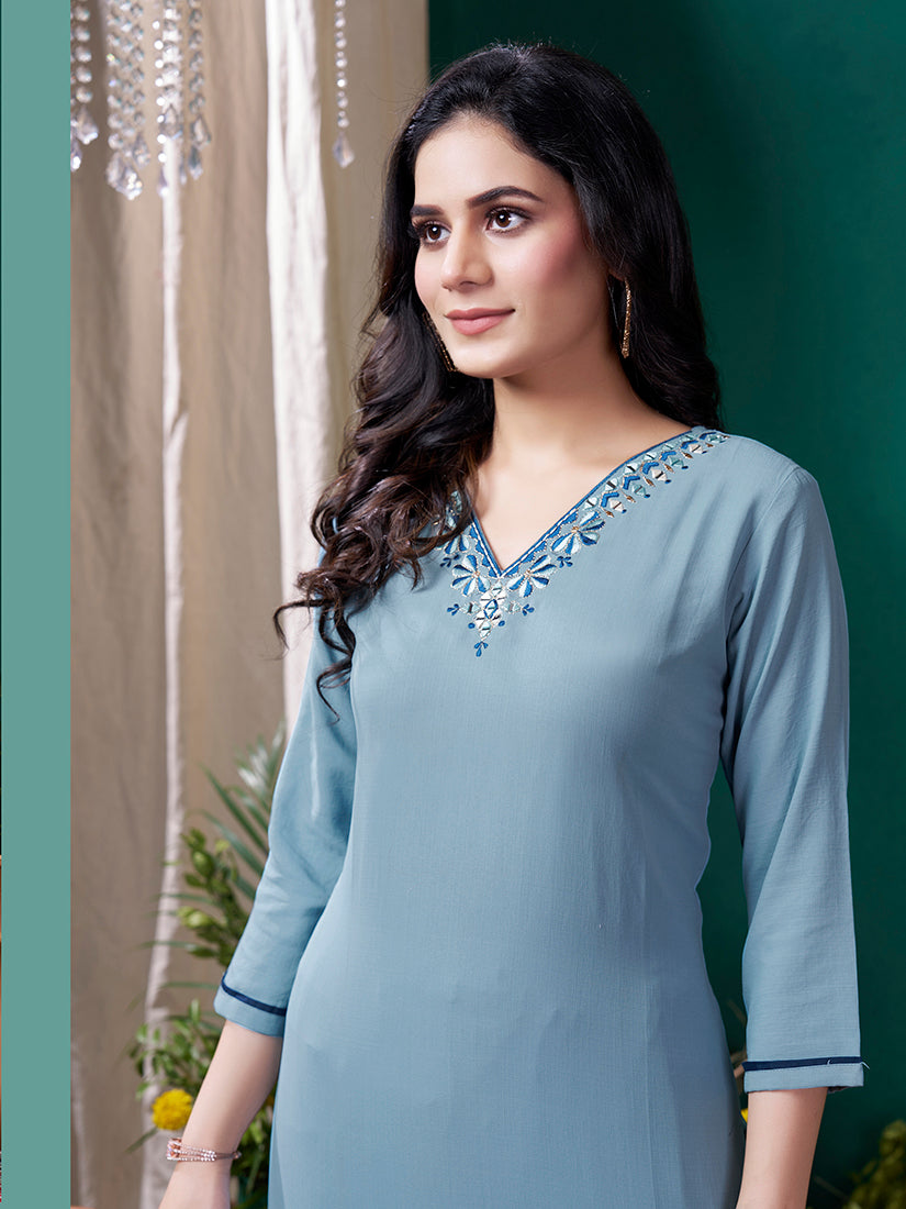 Monjolika Fashion Light Blue Maaza Cotton Hand Work With Pocket Casual Kurti - Distacart