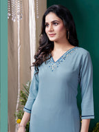 Monjolika Fashion Light Blue Maaza Cotton Hand Work With Pocket Casual Kurti - Distacart