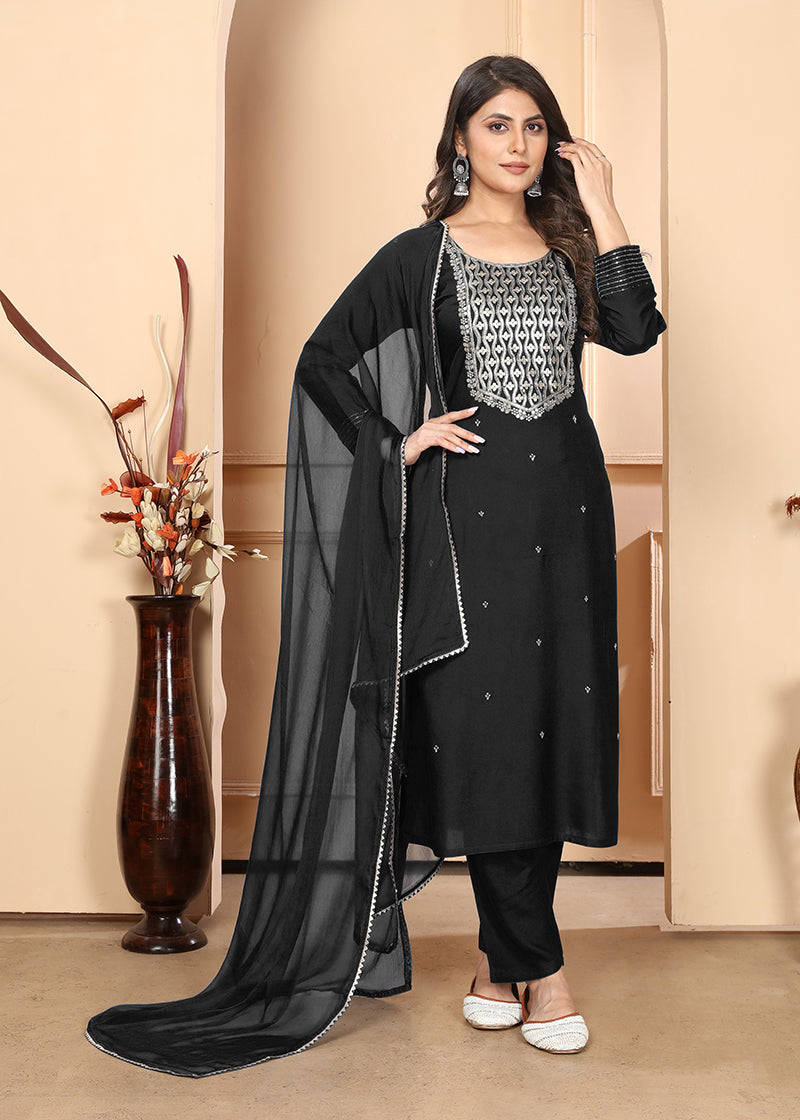 Monjolika Fashion Black Premium Rayon Heavy Sequence Embroidery Kurtis Pant Pair - Distacart