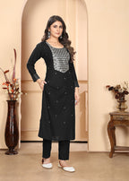 Monjolika Fashion Black Premium Rayon Heavy Sequence Embroidery Kurtis Pant Pair - Distacart