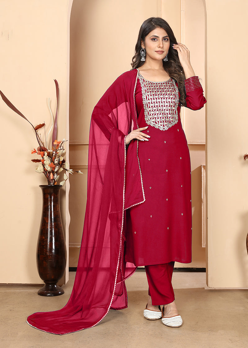 Monjolika Fashion Red Premium Rayon Heavy Sequence Embroidery Kurtis Pant Pair - Distacart