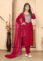 Monjolika Fashion Red Premium Rayon Heavy Sequence Embroidery Kurtis Pant Pair - Distacart
