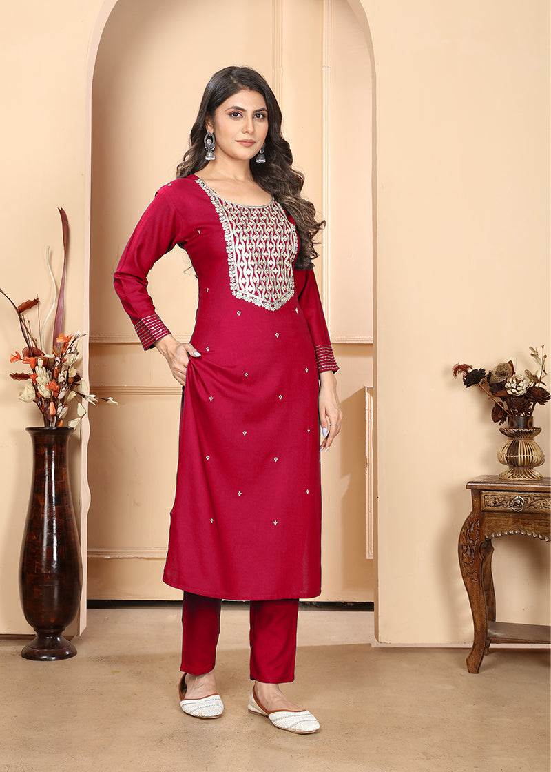Monjolika Fashion Red Premium Rayon Heavy Sequence Embroidery Kurtis Pant Pair - Distacart