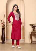 Monjolika Fashion Red Premium Rayon Heavy Sequence Embroidery Kurtis Pant Pair - Distacart