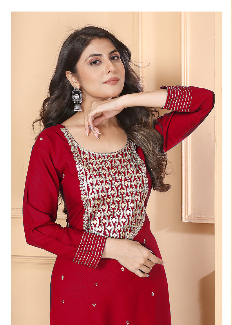 Monjolika Fashion Red Premium Rayon Heavy Sequence Embroidery Kurtis Pant Pair - Distacart