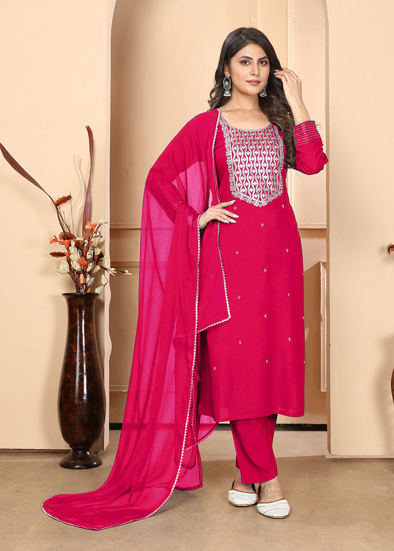 Monjolika Fashion Dark Pink Premium Rayon Heavy Sequence Embroidery Kurtis Pant Pair - Distacart