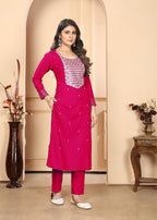 Monjolika Fashion Dark Pink Premium Rayon Heavy Sequence Embroidery Kurtis Pant Pair - Distacart