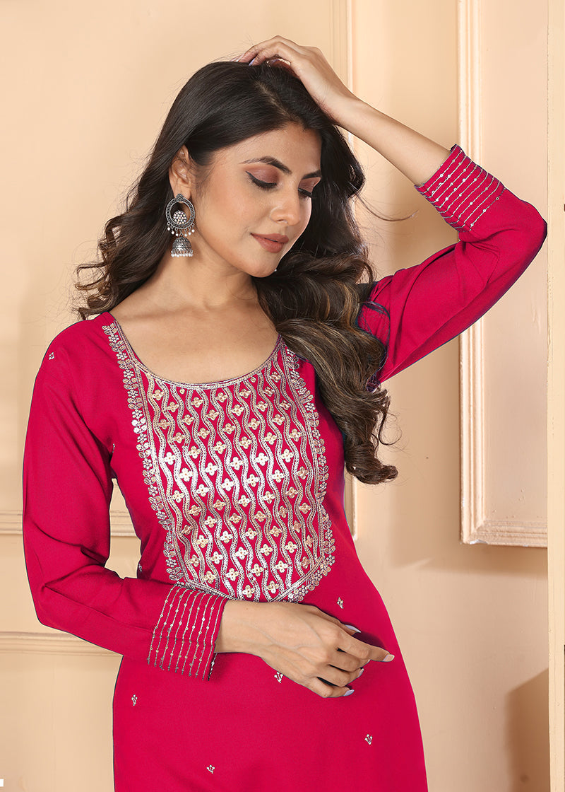 Monjolika Fashion Dark Pink Premium Rayon Heavy Sequence Embroidery Kurtis Pant Pair - Distacart