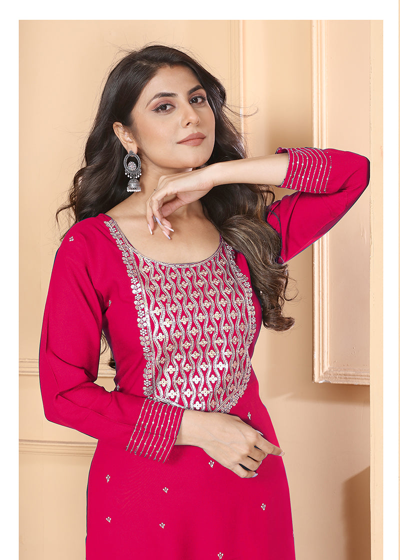 Monjolika Fashion Dark Pink Premium Rayon Heavy Sequence Embroidery Kurtis Pant Pair - Distacart