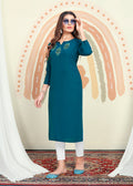Monjolika Fashion Teal Blue Maaza Cotton Hand Work With Pocket Kurti - Distacart