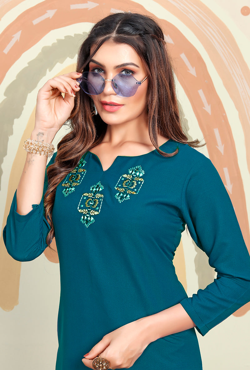 Monjolika Fashion Teal Blue Maaza Cotton Hand Work With Pocket Kurti - Distacart