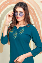 Monjolika Fashion Teal Blue Maaza Cotton Hand Work With Pocket Kurti - Distacart