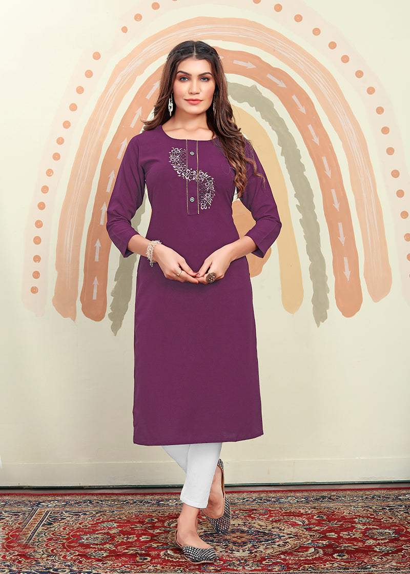 Monjolika Fashion Purple Maaza Cotton Hand Work With Pocket Kurti - Distacart