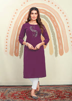 Monjolika Fashion Purple Maaza Cotton Hand Work With Pocket Kurti - Distacart