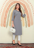 Monjolika Fashion Grey Maaza Cotton Hand Work With Pocket Kurti - Distacart