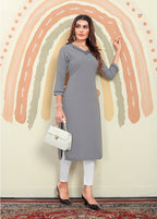 Monjolika Fashion Grey Maaza Cotton Hand Work With Pocket Kurti - Distacart
